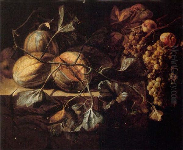 Still Life Of Melons With Apples And Grapes Arranged Upon A Stone Ledge - view 1