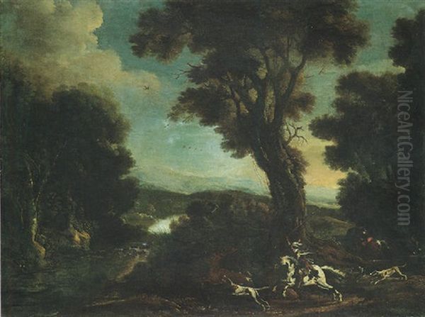 An Extensive River Landscape With Horsemen And Their Hounds Hunting A Stag - view 1