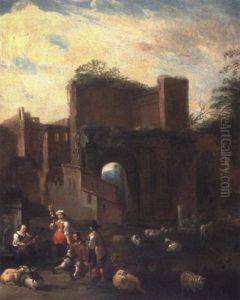 Peasants And Animals By Fortified Town Wall