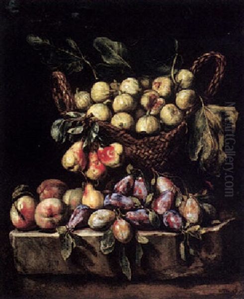 Still Life Of Peaches, Plums, Pears, And Figs In A Basket, All On A Stone Plinth - view 1