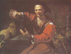 A Peasant Pouring Wine From A Casket