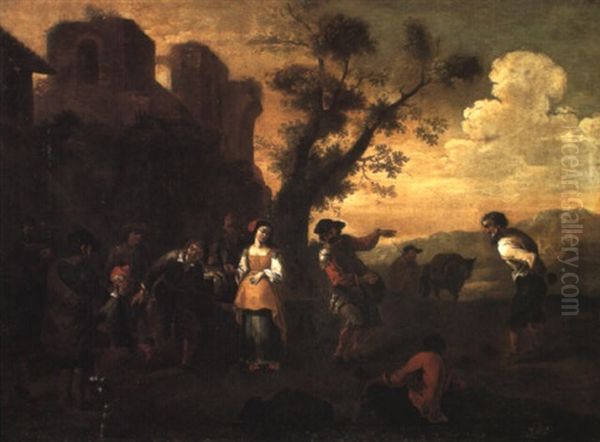 Peasants Dancing Beside The Walls Of A Fortified Town by Michelangelo Cerquozzi