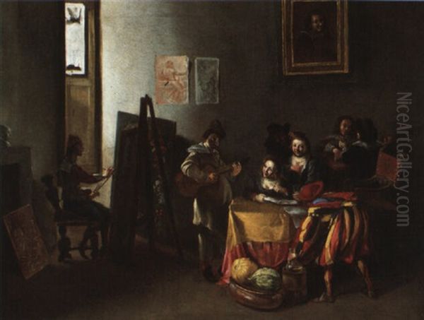 Le Peintre Dans Son Atelier Peignant Une Scene De Genre - view 1