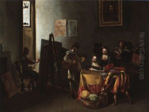 Le Peintre Dans Son Atelier Peignant Une Scene De Genre by Michelangelo Cerquozzi