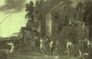 Village With Peasants, Pilgrims And Animals With A Monk On A Stairway by Michelangelo Cerquozzi