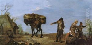 Italian Peasants Picking Berries At A Roadside With A       Traveller Asking Directions, His Mule Running Away