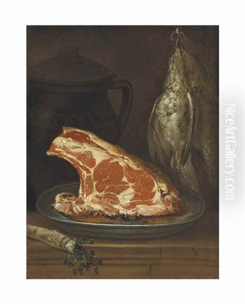 A Platter With Meat And Hanging Game By A Jug - view 1