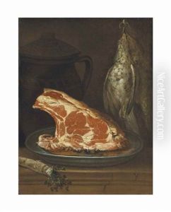 A Platter With Meat And Hanging Game By A Jug