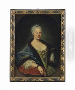 Portrait Of A Lady, Half-length, In A Green Dress With A Fur-lined Blue Wrap, Leaning On A Cushion, In A Feigned Oval