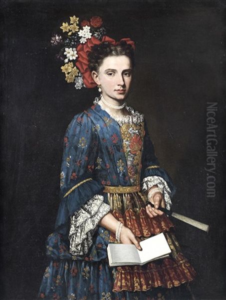Portrait Of A Lady, Three-quarter-length, In A Blue Embroidered Dress, Holding A Fan - view 1