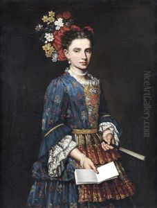 Portrait Of A Lady, Three-quarter-length, In A Blue Embroidered Dress, Holding A Fan