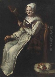 Portrait Of An Elderly Lady Spinning by Giacomo Ceruti