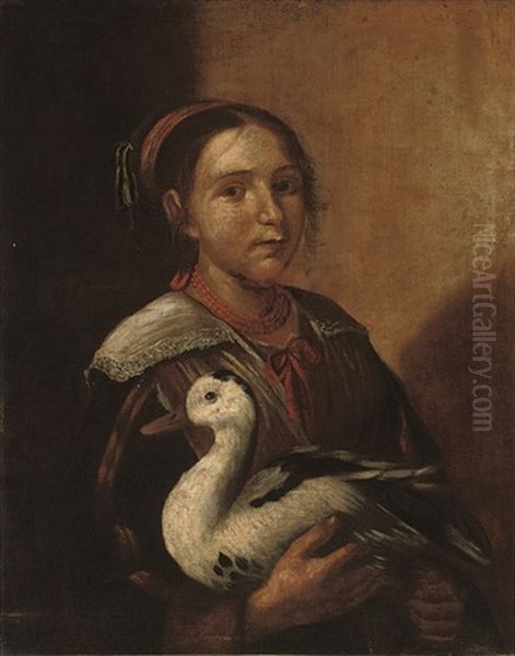 A Young Girl In Peasant Dress, A Duck In Her Arms - view 1