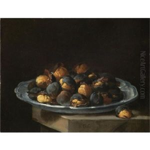 Still Life With Roasted Chestnuts On A White Plate Resting On A Stone Ledge by Giacomo Ceruti