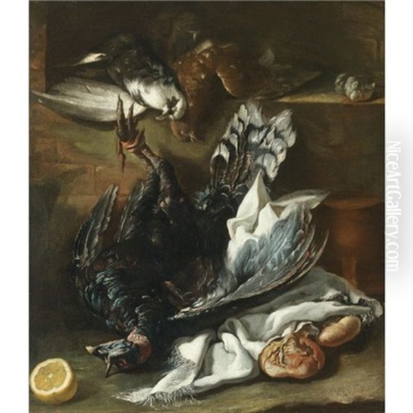 A Still Life With A Turkey, Two Doves And A Lemon Together With Some Onions And Garlic - view 1
