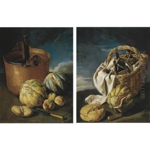 Still Life Of Melons, Peaches, A Knife, Bread, And A Coppper Cooler With A Bottle Of Wine, All In A Stormy Landscape (+ Another, Similar, Pair)