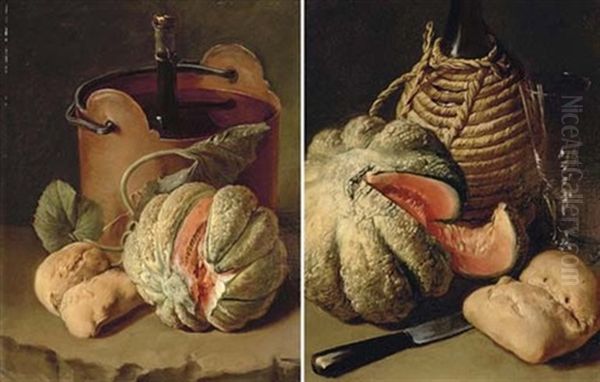 A Bottle Of Wine, A Glass, A Melon, A Bread Roll And A Knife On A Stone Floor (+ A Wine Bottle In A Bucket, A Melon, Vine Leaves And A Bread Roll On A Stone Ledge; Pair) - view 1