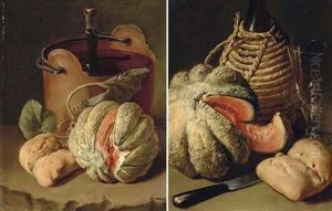A Bottle Of Wine, A Glass, A Melon, A Bread Roll And A Knife On A Stone Floor (+ A Wine Bottle In A Bucket, A Melon, Vine Leaves And A Bread Roll On A Stone Ledge; Pair) by Giacomo Ceruti