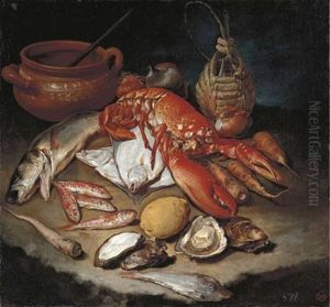A Lobster, Herring, Turbot, Skate, Red Mullets And Oysters With Turnips, Onions, A Lemon, An Earthenware Pot And A Wicker And Glass Bottle On A Stone Ledge