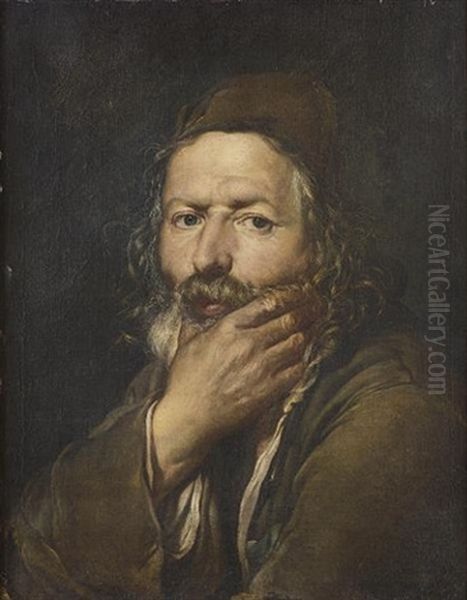 An Elderly Bearded Peasant Man Resting His Chin In His Hand - view 1