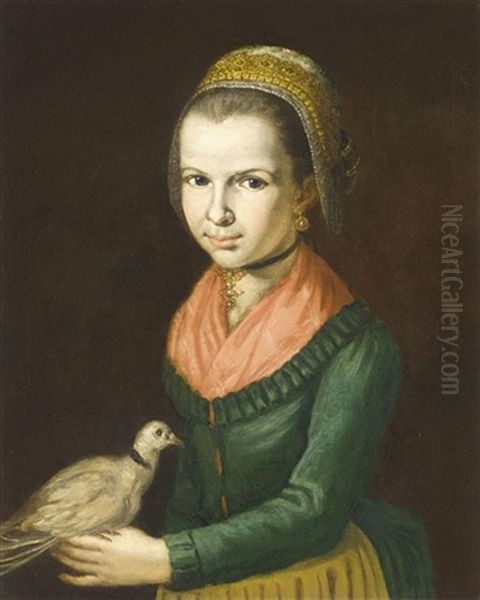 Portrait Of A Young Girl, Three-quarter Length, Wearing A Green Dress, A Red Chemise And An Elaborate Headress, And Holding A Dove - view 1