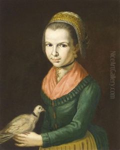Portrait Of A Young Girl, Three-quarter Length, Wearing A Green Dress, A Red Chemise And An Elaborate Headress, And Holding A Dove
