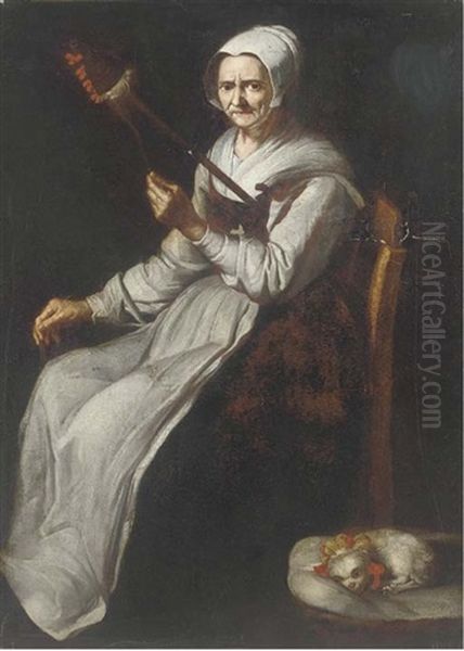 An Old Woman Spinning Wool In An Interior, A Dog By Her Side - view 1