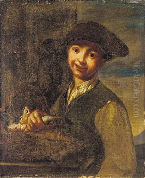 A Youth Holding A Basket Of Fish - view 1