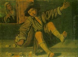 A Young Boy Seated On A Step With A Basket Of Eggs, A Woman Looking Through A Window Beyond A Young Boy Seated On A Step With A Basket Of Eggs, A Woman Looking Through A Window Beyond