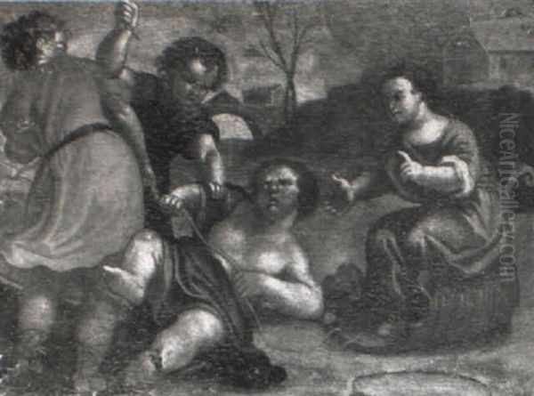 Boys Brawling Over A Sledge In A Winter Landscape - view 1