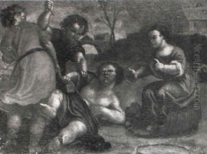 Boys Brawling Over A Sledge In A Winter Landscape