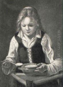 A Young Girl Standing At A Table With A Bowl Of Gruel A Young Girl Standing At A Table With A Bowl Of Gruel