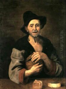A Portrait Of A Peasant Half Length, Holding A Bottle Of    Wine With Meat And Cheese Before Him On A Table by Giacomo Ceruti