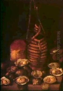 Still Life Of Oysters, Bread, A Wine Bottle And Glass All Upon A Ledge by Giacomo Ceruti