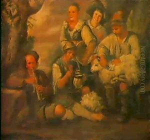 A) Scena Di Genere Con Contadini E Pastore Che Tosa Una Pecora: B) Scena Di Genere Con Formaggiaro E Contadini by Giacomo Ceruti