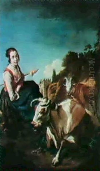 A Girl With A Cow And A Sheep In A Rocky Landscape - view 1
