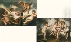 Putti Jouant A La Balancoire (+ Putti Jouant A Saute-mouton; Pair) by Federico Cervelli