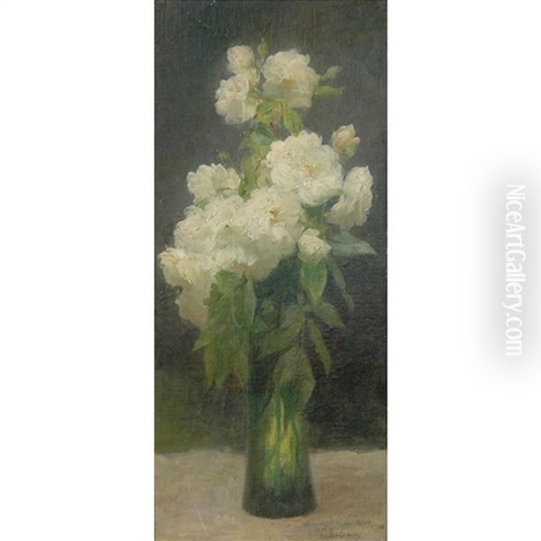 Still Life Of White Roses In A Green Vase - view 1