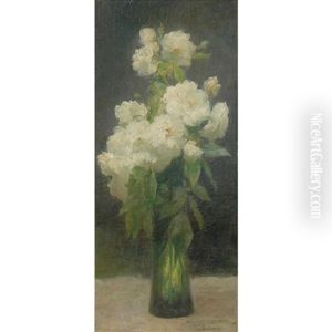 Still Life Of White Roses In A Green Vase