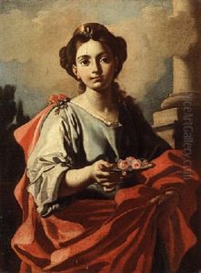 A Female Saint Holding A Plate Of Roses
