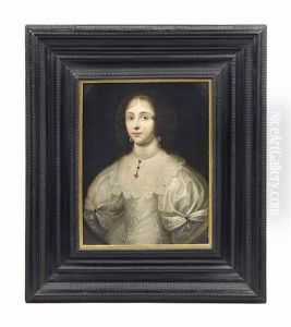 Portrait Of A Lady, Half-length, In A White Silk Dress With Lace Trimming, Wearing Pearl Necklace And Earrings, In A Feigned Oval