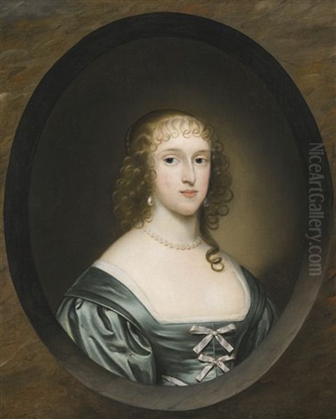Portrait Of Lady Bowyer, Half Length, Wearing A Green Dress With Ribbons And A Pearl Necklace, In A Sculpted Cartouche - view 1