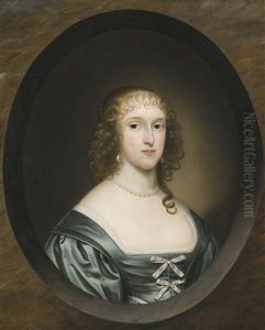 Portrait Of Lady Bowyer, Half Length, Wearing A Green Dress With Ribbons And A Pearl Necklace, In A Sculpted Cartouche by Jonson van Ceulen