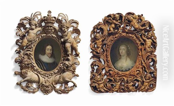 King Charles I (1600-1649) And Queen Henrietta Maria (1609-1669); He In Striped Doublet And Ruff, Wearing The..., She In Blue Decollete Dress... (2 Works) - view 1