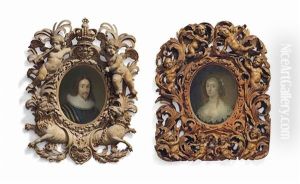 King Charles I (1600-1649) And Queen Henrietta Maria (1609-1669); He In Striped Doublet And Ruff, Wearing The..., She In Blue Decollete Dress... (2 Works) by Jonson van Ceulen