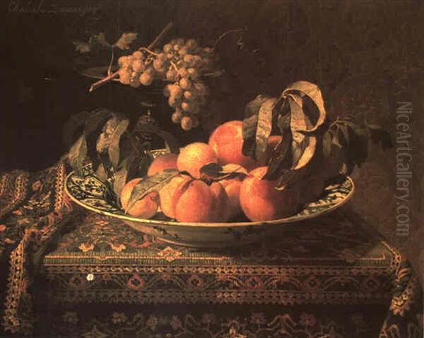 Peaches In A Bowl On A Draped Table - view 1