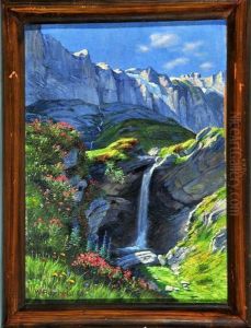Wasserfall In Bluhender Gebirgslandschaft by Wilhelm Amrhein