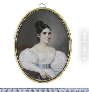 A Lady, Seated, Holding A Book In Her Right Hand, Wearing White Dress And Pale Blue Belt With Gold Rectangular Belt Buckle, The Braids Of Her Dark Hair...