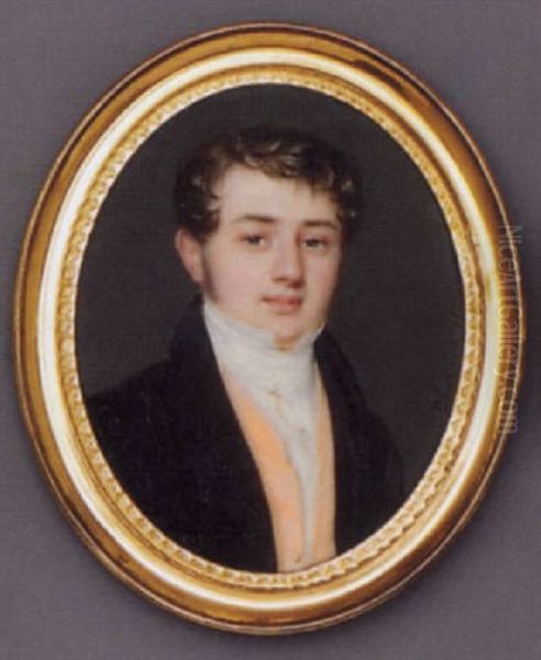 A Young Gentleman In Black Coat, Salmon-pink Waistcoat, White Shirt And Cravat With Gold Stick Pin And Gold Chain, Curling Hair And Sideburns - view 1