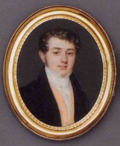 A Young Gentleman In Black Coat, Salmon-pink Waistcoat, White Shirt And Cravat With Gold Stick Pin And Gold Chain, Curling Hair And Sideburns